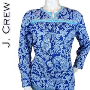 J. Crew Top Blouse XS Blue White Paisley Boho Peasant Embroidered Long Sleeve